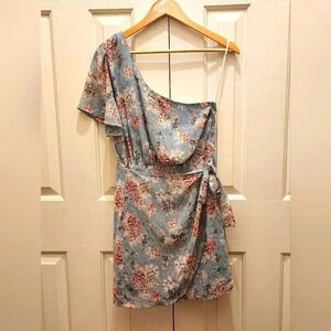 Lulus Way to Wow Dusty Blue Floral One Shoulder Faux-Wrap Dress-Size Large-NWOT